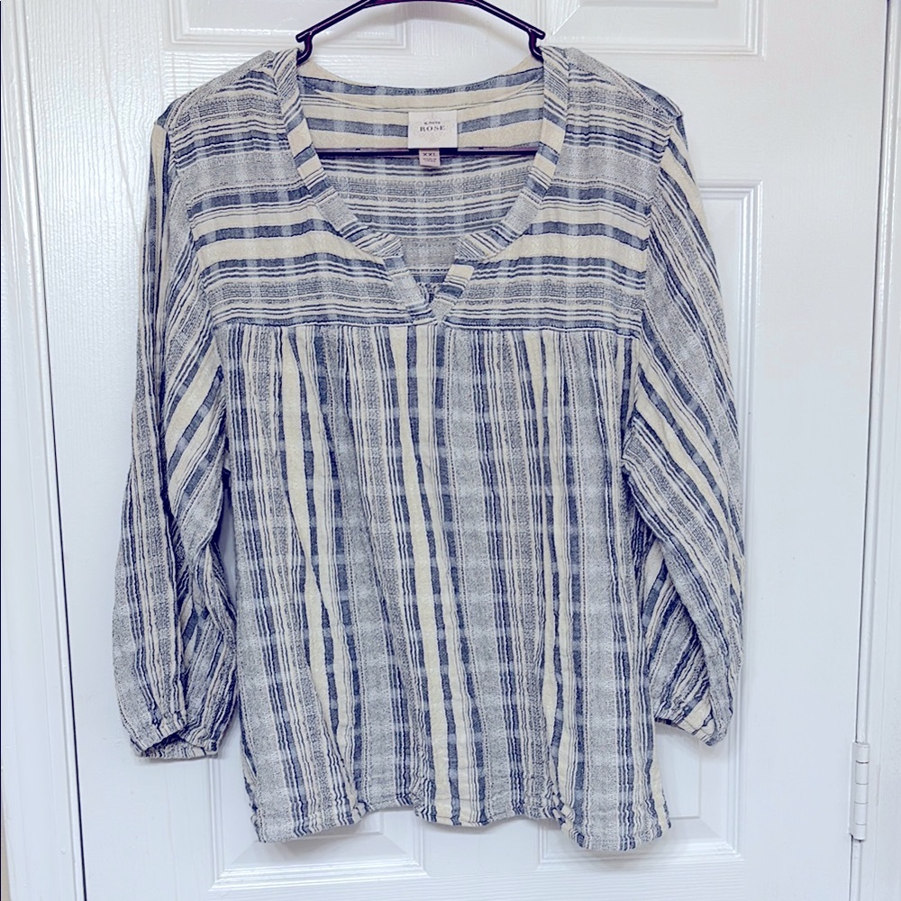 Striped V-Neck Blouse in Navy and Cream